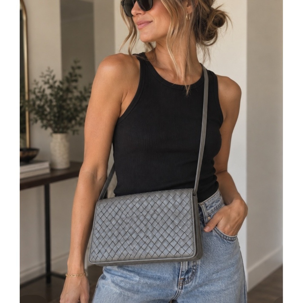 Meyers USA Shoulder Bag Womens Small Grey Woven Leather Crossbody Vintage Clutch